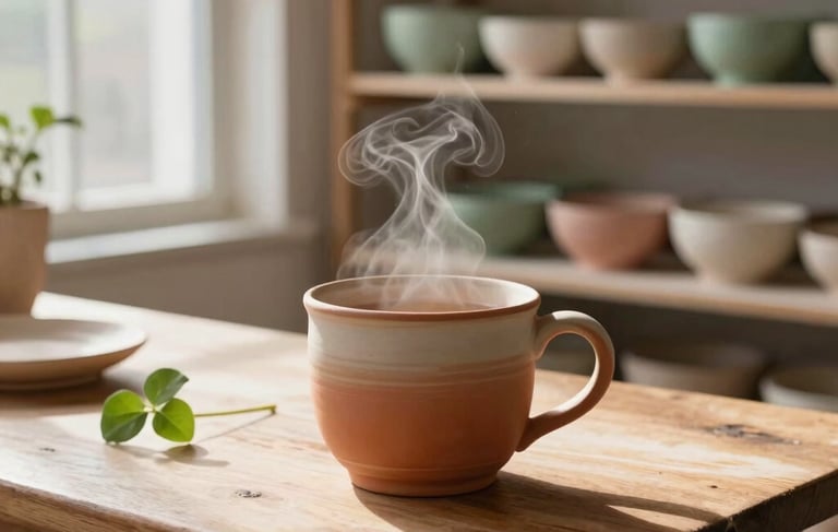 A cozy North American / US pottery studio with warm natural light streaming through a large window. A hand-thrown terracotta ceramic mug filled with steaming tea sits on a rustic wooden table next to a small green plant. In the background, shelves display beautifully crafted clay bowls and plates in soft sage green, soft peach, and cream colors. Authentic slow living atmosphere, cinematic close-up shot, shallow depth of field.
