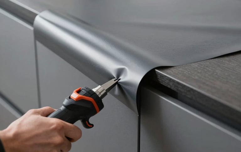 A close-up photograph of a professional installer applying a premium matte charcoal grey vinyl wrap to a modern kitchen cabinet edge. Sharp focus on the precision tool and the texture of the foil, Northern European / Dutch minimalist interior setting, professional lighting, high contrast aesthetic.