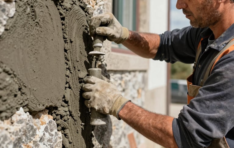 A clean, professional close-up photograph of a skilled mason in a European Portuguese setting, wearing work gear and carefully applying mortar to a stone wall. The scene is bright with natural sunlight, highlighting the charcoal grey and brownish grey textures of the masonry. The atmosphere is one of craftsmanship and reliability.