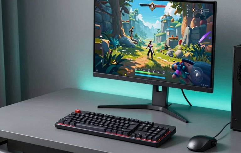 A high-quality, bright photography of a modern gaming station in a North American home. The scene features a clean charcoal grey desk, a sleek mechanical keyboard, and a monitor reflecting a colorful game world. Soft teal ambient lighting glows against light grey walls, creating an inspiring and accessible atmosphere.