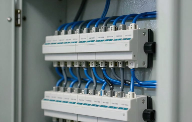A close-up, sharp-focus photograph of a modern, perfectly organized electrical panel in a North American / US (Florida) setting. The wires are neatly bundled and routed in clean lines, featuring electric blue and dark gray insulation. The lighting is bright and clean, emphasizing technical precision and professional engineering against a light gray interior wall.