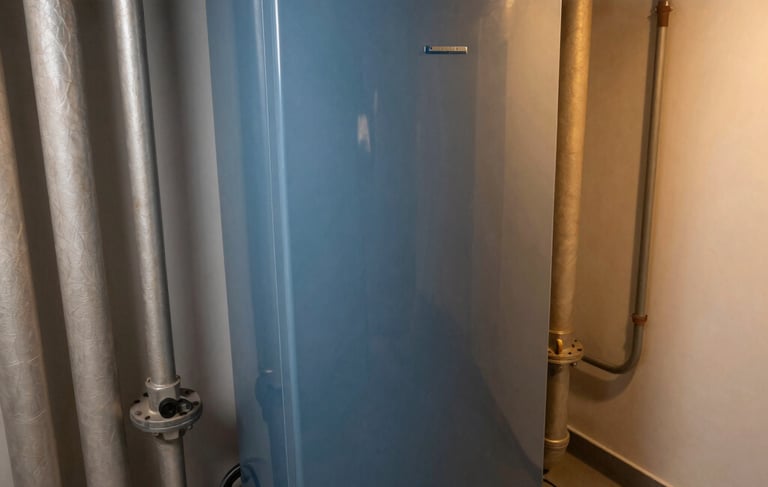 Professional high-angle shot of a modern, clean mechanical room with insulated pipes and a high-efficiency boiler, warm lighting reflecting off metallic surfaces, Est European / Român architectural interior style, featuring colors like Slate Blue and Tan.