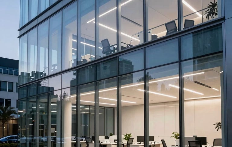 A sharp, professional photography shot of a modern glass-walled tech office in a North American tech hub at twilight. The interior shows clean lines, high-end ergonomic furniture, and soft Sky Blue and Slate Blue ambient lighting. No people, focusing on the calm, reliable environment of a high-tech consultancy.