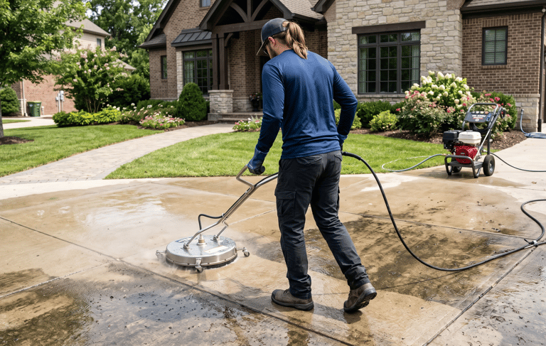 Professional driveway and paver pressure washing using a surface cleaner in Lee County.