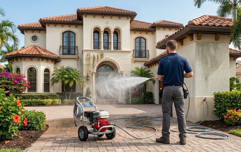 Expert exterior house washing and pressure cleaning on a luxury home in Naples, FL.