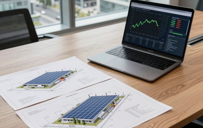 A crisp, high-angle professional photograph of a Spanish engineering firm's boardroom table. On the table, detailed architectural technical drawings for a renewable energy facility are spread out next to a sleek graphite-colored laptop showing energy efficiency charts. Natural light enters from a large window overlooking a modern European business district. The scene conveys precision, authority, and corporate success.