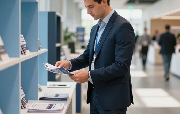 A professional logistics expert in North American business attire standing in a modern, bright convention center hallway in the US. They are organizing premium brochures next to high-end exhibition furniture. The scene is shot with soft morning light, featuring a palette of navy blue and light blue to convey trust and efficiency.