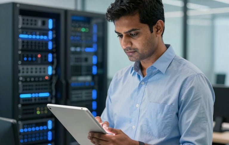 A professional South Asian / Indian IT consultant in a modern, glass-walled office in Pune during the day. The subject is interacting with a sleek tablet device. In the background, blurred glowing server racks with deep blue and bright blue light indicators create a tech-focused atmosphere. Clean, minimalist composition.