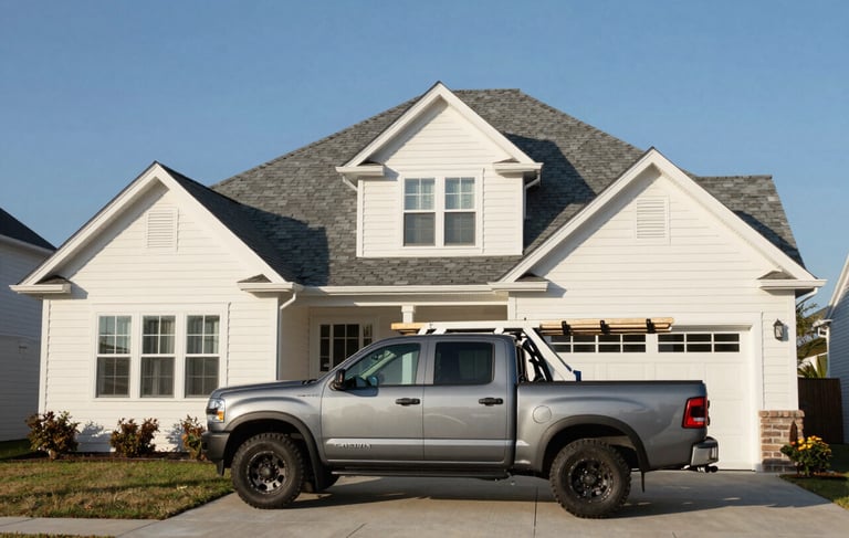 A sharp, detailed photograph of a North American suburban house with clean off-white siding and a professionally installed slate grey shingle roof. The lighting is bright morning sun, emphasizing expert craftsmanship and professional reliability. A slate grey truck with a subtle ladder rack is parked neatly on the concrete driveway.