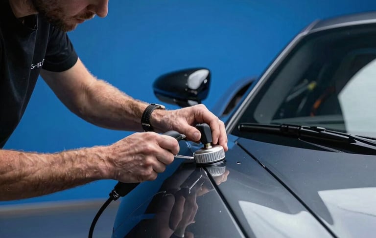 Professional high-end photography of a male detailer's hands applying a ceramic coating to a glossy charcoal metallic supercar under cinematic electric blue studio lighting, International / Global style.