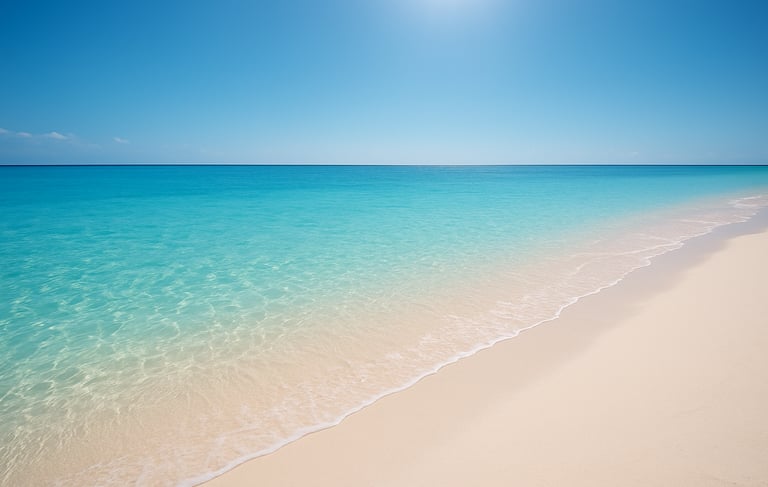 A professional wide-angle photograph of a serene South Pacific / New Caledonian beach at noon. Crystal clear turquoise water meets white sand under a brilliant sun. The composition is clean and clear, reflecting a reliable and peaceful atmosphere. Palette includes light blue and off-white.