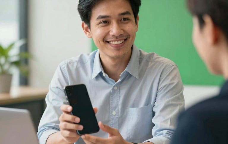 A warm and professional photography shot of a friendly Southeast Asian / Malaysian consultant in a clean, modern office setting, smiling while showing a smartphone screen to a customer, soft natural lighting, subtle gold and primary green accents in the background.
