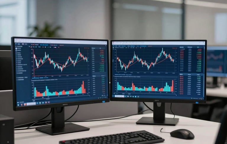 A sophisticated French office in La Défense, Paris, featuring a minimalist desk with high-end monitors displaying analytical stock market data, soft professional lighting, midnight blue and slate blue accents, clean corporate atmosphere.