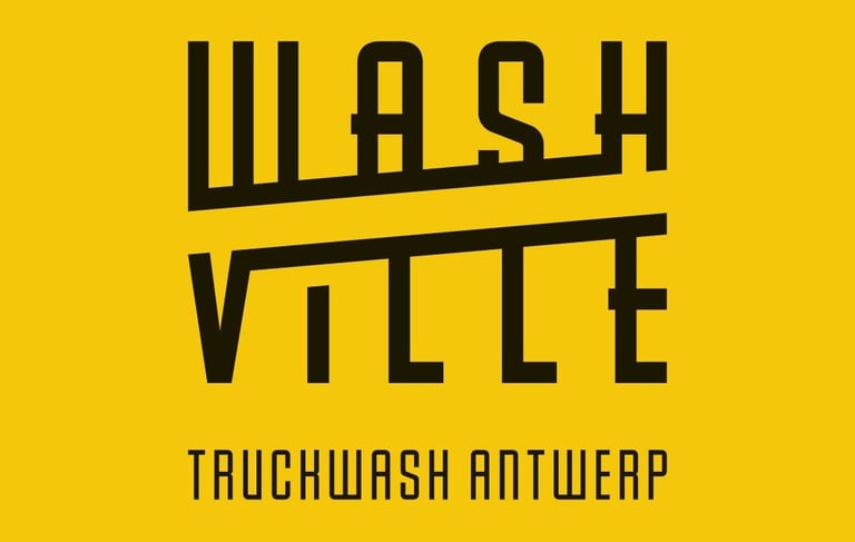 Washville Truckwash Antwerp logo with bold black typography on a bright yellow background.