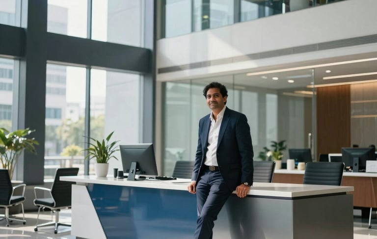 A sophisticated South Asian / Indian real estate consultant in a sleek, modern Gurugram office lobby. High-end glass architecture, steel blue and silver blue decor. Natural daylight creates a professional and trustworthy atmosphere. Cinematic wide shot showing a clean, modern workspace.