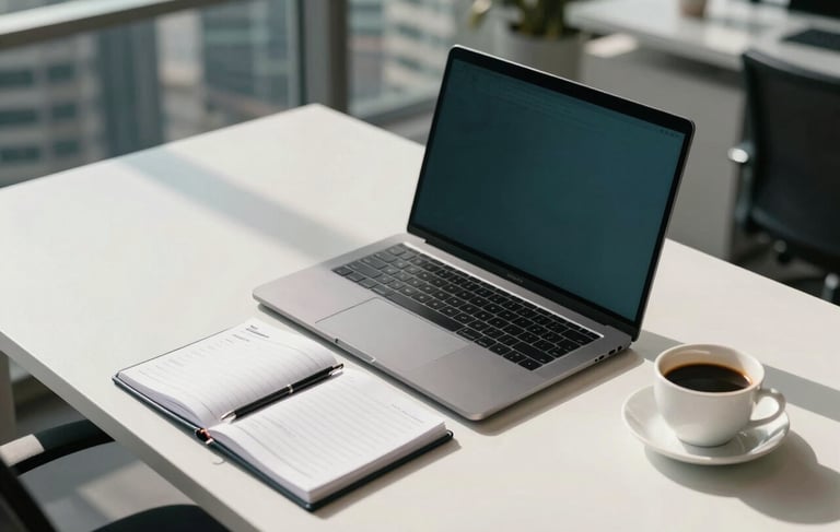 Professional high-angle photography of a clean, modern workstation in a Sao Paulo business district. A sleek laptop, a business planner, and a cup of coffee sit on a white desk with soft sunlight streaming in. South American / Brazilian office atmosphere. Color palette of dark teal and off-white.