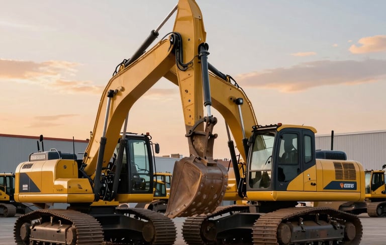 A crisp, professional photograph of high-end industrial machinery, including excavators and loaders, parked in a North American heavy equipment logistics lot. The composition is balanced under a bright morning sky featuring soft orange and light blue tones, emphasizing industry expertise and reliability.