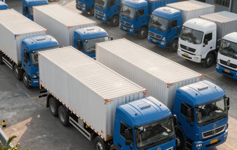 A high-angle photograph of a fleet of clean blue and white logistics trucks parked neatly in a modern warehouse facility in a South Asian city. Bright morning lighting, focus on a professional and organized atmosphere. The scene communicates efficiency and large-scale operational capacity.