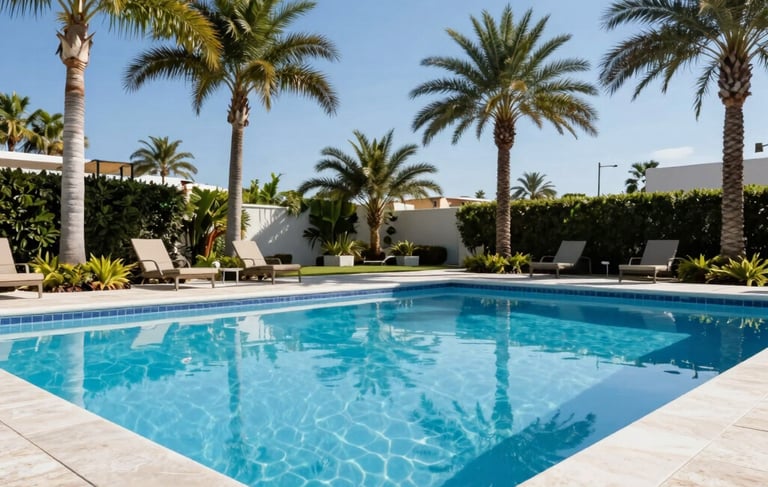A crisp, professional photograph of a luxury swimming pool in South Florida under a bright midday sun. The water is a brilliant crystal blue, perfectly still, reflecting the surrounding palm trees and a clear azure sky. The pool deck is made of clean, light-colored travertine stone. Modern, serene, and professional aesthetic. North American / South Florida setting.