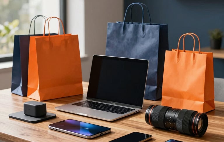 A modern South American / Brazilian workplace setting where a curated selection of smart consumer devices and shopping bags are placed on a sleek wooden table. Natural late afternoon sunlight stream through a window, highlighting vibrant orange and deep slate accent details in the background. High-quality professional photography, clean composition, minimalist and premium style.