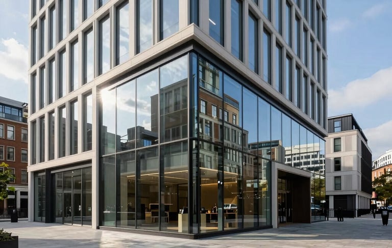 A professional architectural photograph of a sleek, modern commercial property development in London, United Kingdom. The building features expansive glass facades reflecting a slate blue sky, surrounded by clean paved walkways. The lighting is bright and crisp, emphasizing a sophisticated and trustworthy business atmosphere with a palette of navy and off-white.