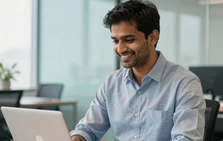 A professional South Asian / Indian financial consultant in a modern, brightly lit office in Mumbai. The consultant is smiling confidently and working on a laptop. The background is a clean, corporate environment with glass walls and accents of pale blue and light green. Soft natural daylight filtering through large windows.