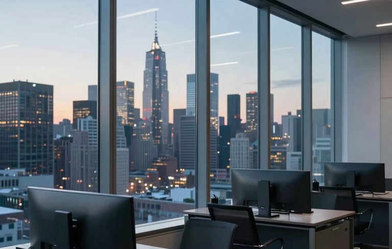 A high-end, modern North American office interior with large glass windows overlooking a city skyline at dusk. Soft evening light reflects off sleek professional equipment, creating a sophisticated and innovative atmosphere with deep blue and pale blue accents.