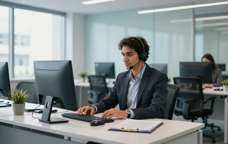 Photography of a modern and bright Brazilian corporate office lobby. In the background, a professional person with a headset is working at a clean desk. The atmosphere is reliable and efficient, with a palette of soft sky blue and light gray. Natural light fills the room, highlighting the professional environment.