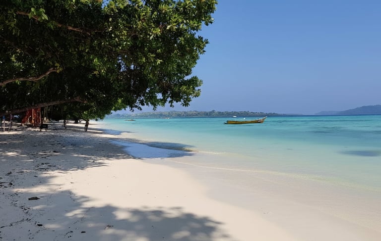 Andaman trip details - A tranquil view of a white sand beach with a solitary yellow boat