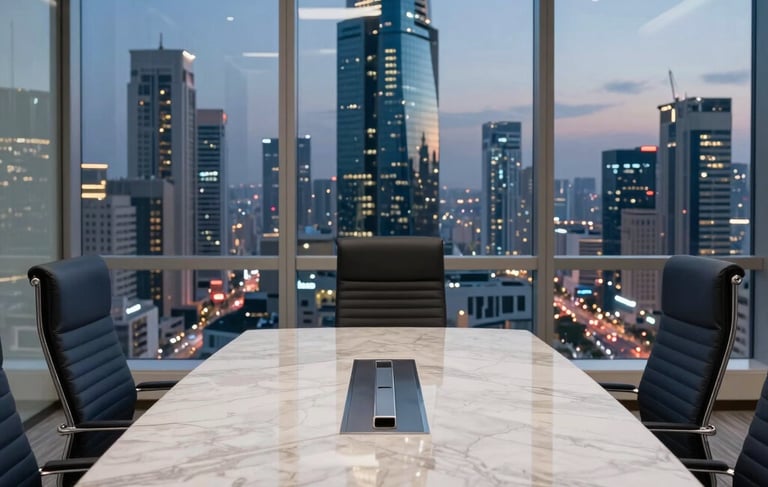 A high-end professional photography of a modern boardroom in a Middle Eastern / Gulf corporate tower at dusk. The scene features a polished marble table, ergonomic chairs, and large glass windows overlooking a glowing city skyline. The lighting is soft and corporate, utilizing a color palette of navy blue, steel blue, and off-white.