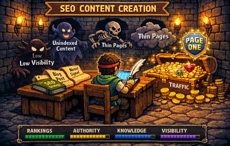 16-bit RPG illustration of Boise SEO keyword research by Level Up SEO Guild to improve Google ranks