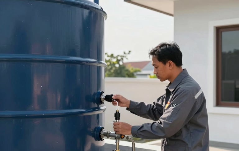 Commercial photography of a professional technician in a slate gray uniform inspecting a clean water reservoir tank on a modern house rooftop in Indonesia. Bright morning sun, professional atmosphere, Southeast Asian setting. The composition is clean and modern with a deep blue and light gray color palette.