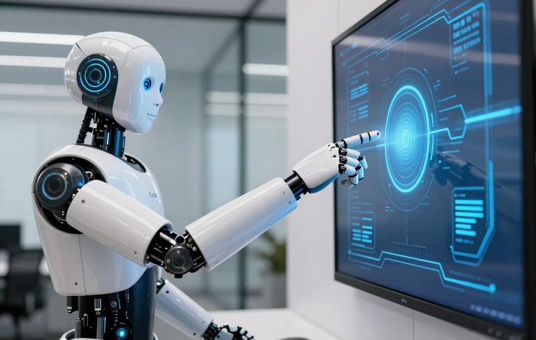 A high-quality photograph of a sleek, white humanoid robot's hand pointing at a glowing light blue data interface on a screen. The background is a minimalist, modern office in Berlin, Central European setting, with clean lines and soft daylight reflecting off glass surfaces. Colors: white, light blue, and dark blue.
