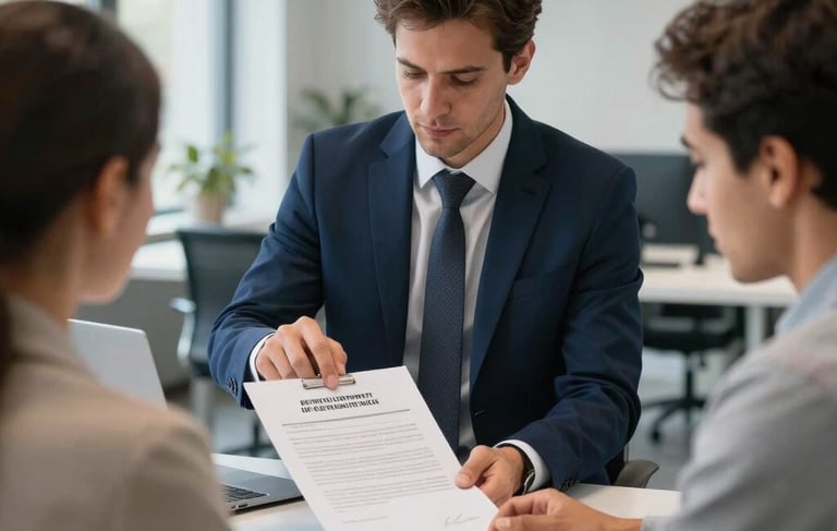 A professional photography shot of a bright, modern office in Belgrade, Serbia. A recruitment consultant in a dark blue suit is reviewing a formal work contract with a candidate in business-casual attire, reflecting an Eastern European / Balkan and South Asian / Southeast Asian focus. The scene is lit with natural daylight, featuring steel blue and alice blue decor accents.