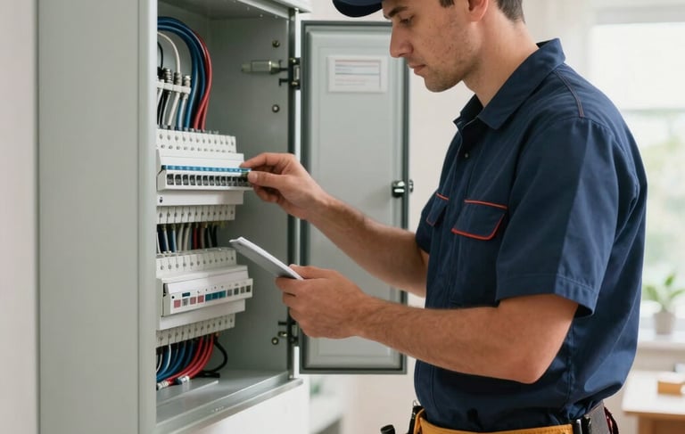 A professional electrician in a clean work uniform with tool belt inspecting a modern electrical panel in a European / Portuguese residential setting. Soft daylight, navy and medium blue color palette, professional photography, focus on safety and precision.