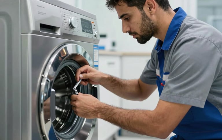 A high-resolution photograph of a professional technician in a clean, modern workshop in Sharjah, Middle Eastern / Gulf region. The technician is wearing a neat uniform in professional blue and steel gray, skillfully repairing a modern stainless steel washing machine. The scene is illuminated by bright, clean light that highlights the precision and efficiency of the work.