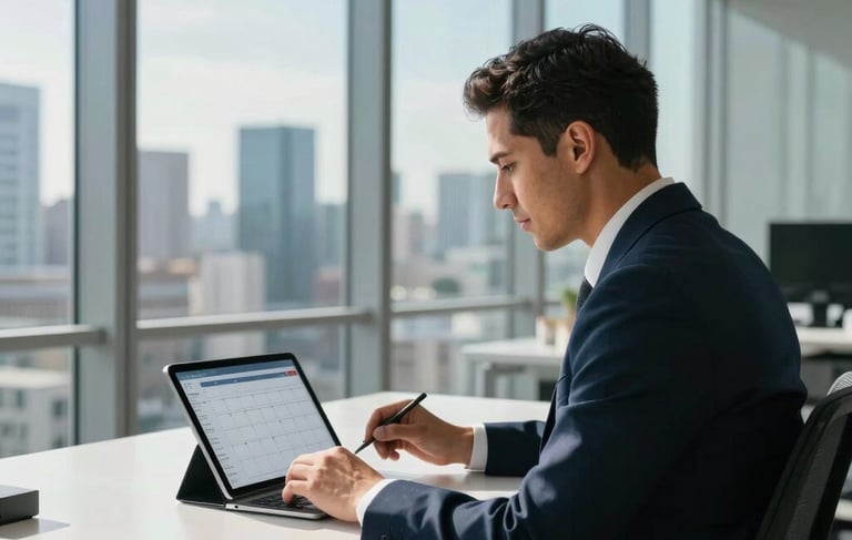 A high-end, modern office space in a Latinoamericano city with floor-to-ceiling windows. A professional sits at a clean desk using a tablet with a content calendar displayed. The room is decorated in tones of dark navy and light blue, with soft sunlight creating an efficient and creative atmosphere. Authentic professional setting, high-end photography style.