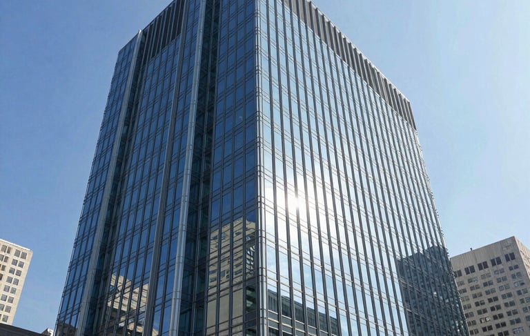 A modern corporate building with a sleek glass facade reflecting a bright blue sky, located in a bustling North American financial district. The architectural style is futuristic and premium, communicating enterprise-readiness, innovation, and technological advancement.