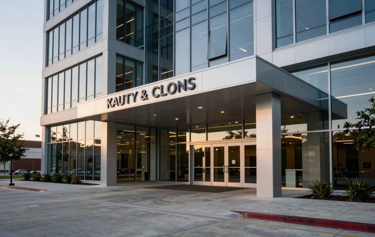 A high-end, minimalist corporate building entrance in Katy, Texas. The scene features clean glass architecture, polished concrete surfaces, and soft evening sunlight reflecting off professional signage. Modern North American / US urban business landscape, wide angle, high contrast.
