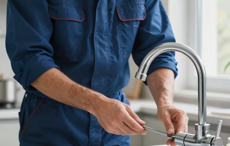 Professional photography of a plumber in a clean, modern Southern European home kitchen in Mieres. The plumber, wearing a neat navy blue work uniform, is precisely installing a chrome faucet. Soft natural lighting from a nearby window, high-quality focus on the hands and tools. Brand colors of soft blue and off-white are present in the environment.