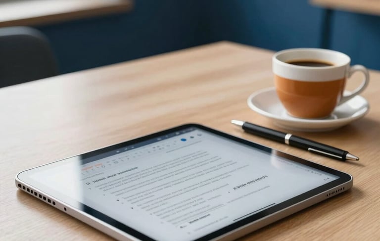 A close-up of a modern, organized workspace in a South American professional education center. Soft daylight filters through a window, illuminating a tablet with digital notes, a high-quality pen, and a warm cup of coffee on a clean light-colored wooden desk. The background is a soft-focus Navy Blue wall. Professional, clean, and inviting atmosphere.