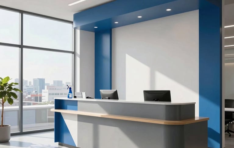 A clean and professional wide shot of a modern Italian office reception area, featuring minimalist architecture and steel blue accents. Bright morning light streams through large windows. The atmosphere is orderly, sophisticated, and trustworthy, perfectly reflecting a high-end cleaning service standard. Southern European setting.