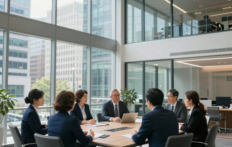 A clean, professional wide-angle photograph of a modern glass-walled corporate office in a North American business district. Experts in professional attire are collaborating in a bright, sophisticated meeting space with natural lighting and soft navy blue accents.