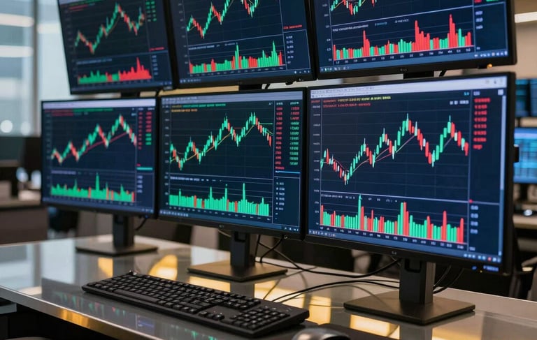 A high-end, professional photography of a modern trading desk in a North American office. A sleek computer setup shows glowing green and red candle charts on multiple screens. The lighting is sophisticated, with deep navy and gold reflections on glass surfaces, conveying a sense of luxury and financial expertise.