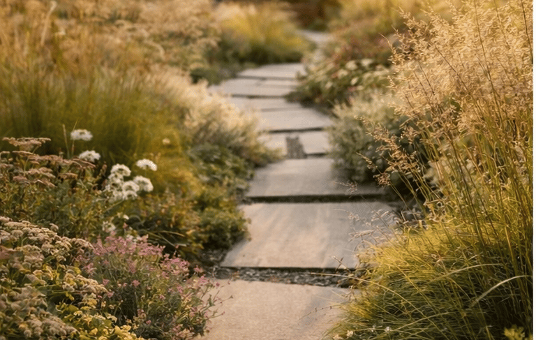 Kraštovaizdžio konsultacija vietoje – natūralistinis gėlynas su takeliu ir dekoratyvinėmis žolėmis