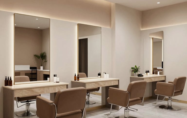 A professional wide-angle interior photograph of a modern unisex salon in a South Asian / Indian urban district. The space features luxury styling stations with minimalist mirrors, warm taupe accents on off-white walls, and sleek light grey flooring. The atmosphere is upscale and inviting, reflecting a premium beauty experience.
