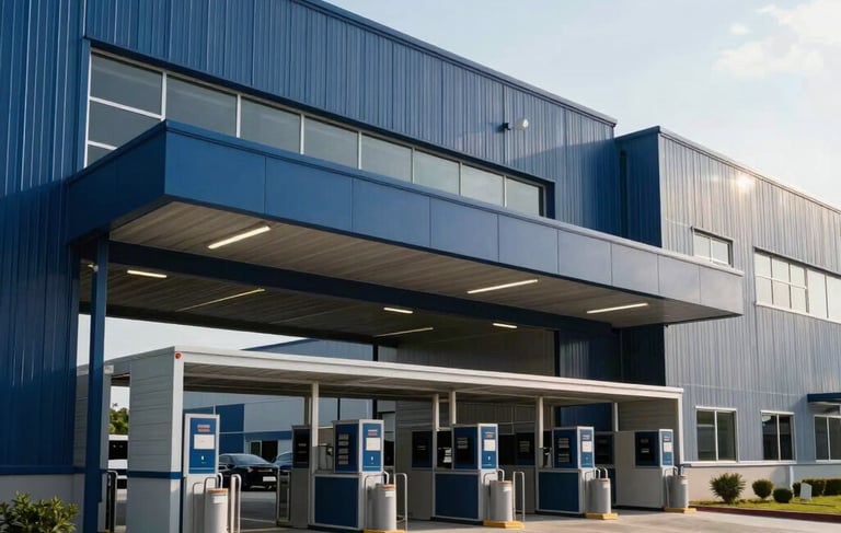 A professional wide-angle photography shot of a modern North American industrial facility entrance during the day. The building features sleek architectural lines in navy blue and slate blue steel. The environment is clean, orderly, and well-lit, conveying professional reliability and efficiency.