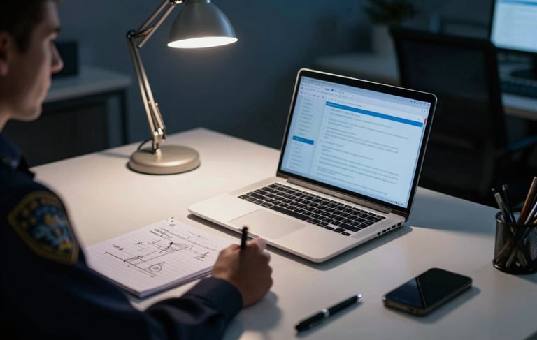 A sharp, high-contrast photograph of a professional investigator's workstation in a North American / US office. A high-end laptop is open next to a notepad filled with analytical diagrams. The room is dimly lit by a desk lamp, emphasizing deep blue shadows and clean off-white surfaces, creating an atmosphere of intense focus and intellectual rigor.
