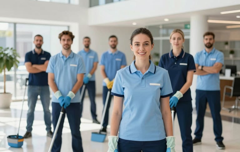 A group of professional cleaners in Turkish / Anatolian corporate environment, wearing sky blue and navy blue uniforms, standing confidently in a bright, modern, and clean commercial lobby. Natural daylight, high-quality photography, clean and professional atmosphere.