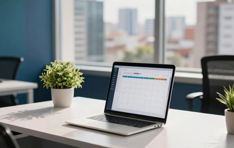 A bright and professional corporate office workspace in South American / Brazilian city, featuring a clean white desk, a modern laptop showing a calendar application, and a small green plant. The background shows a blurred city view through a large window, with sunlight creating a trustworthy and efficient atmosphere. Deep blue and teal color accents are visible in the office decor.